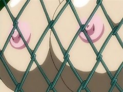 An Attractive Anime Woman Has Her Large Breasts Pressed Against A Fence And Has Sex With A Man In A Doggy Position